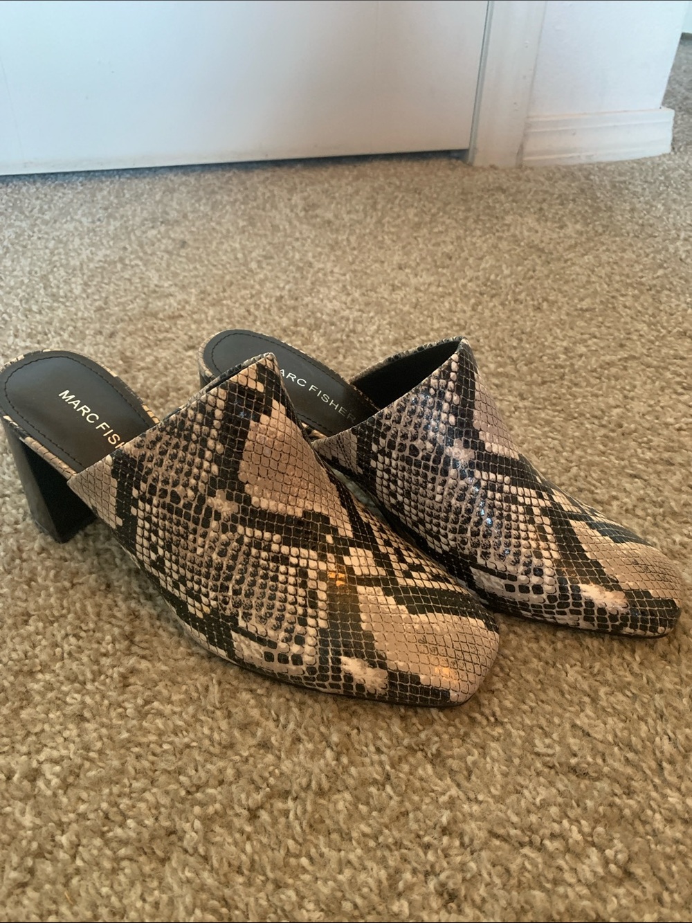 NWT Marc Fisher Snake-Print Slip-On Block Heel Mules in Beige and Black